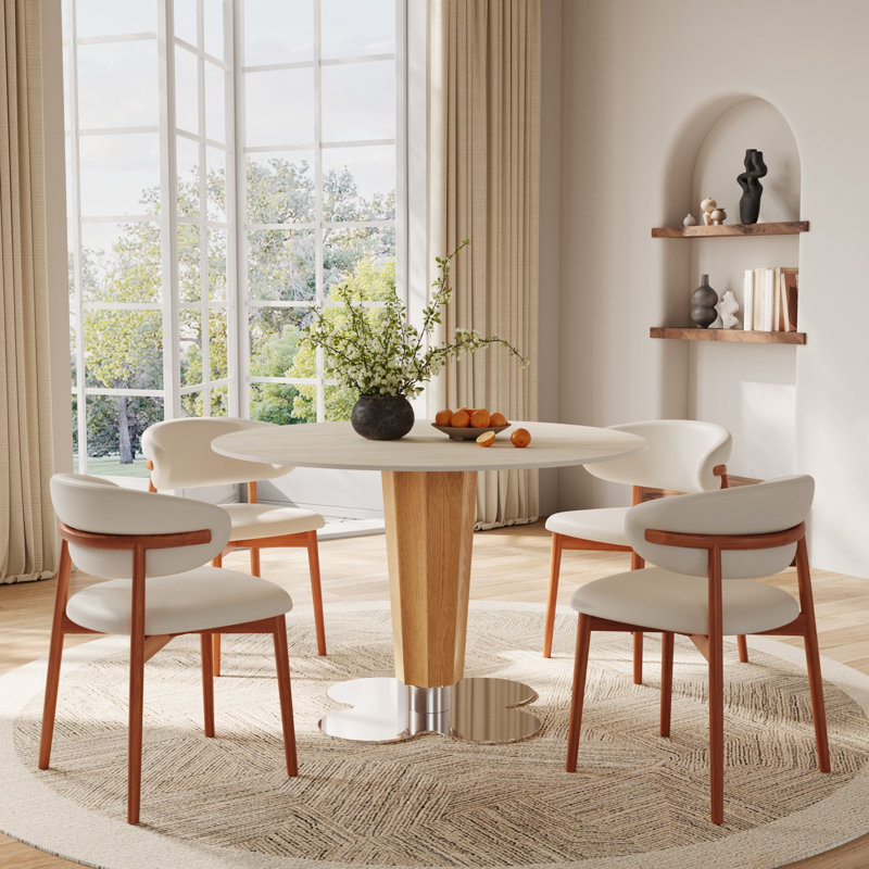 Table de salle à manger ronde à motif trèfle à quatre feuilles, Bois, H 29,52 po x l 39 po x P 39 po, Beige