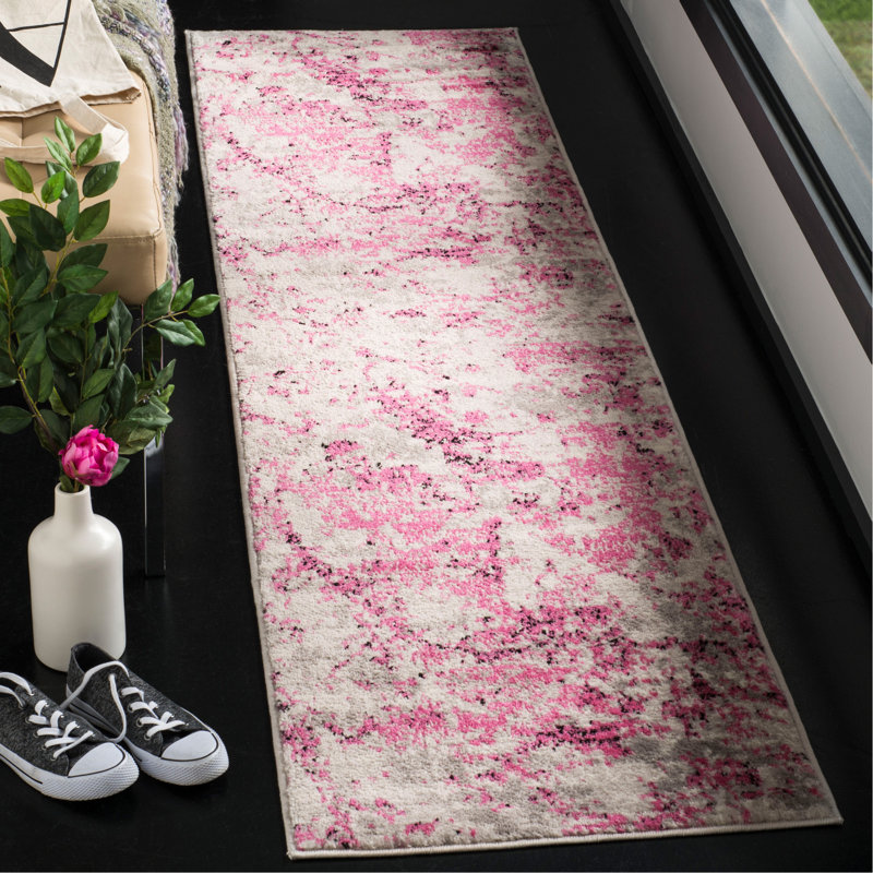 Tapis abstrait rose / ivoire Strasser, Tapis de couloir 2 pi x 12 pi