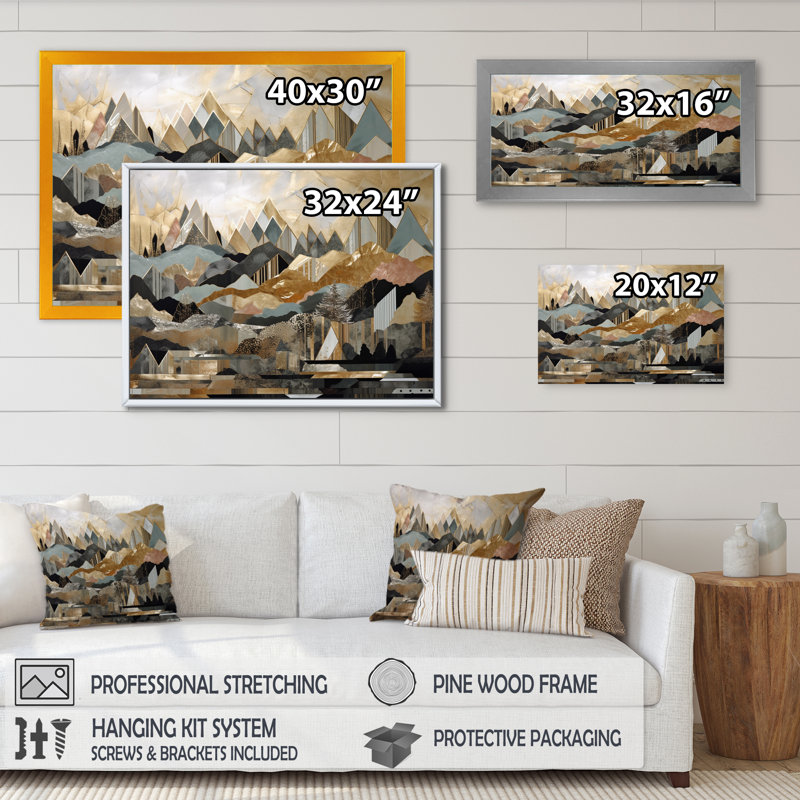Gris et or géométrique Horizons I - art mural géométrique de la ville, H 30 po x l 40 po x P 1,5 po, Toile tendue