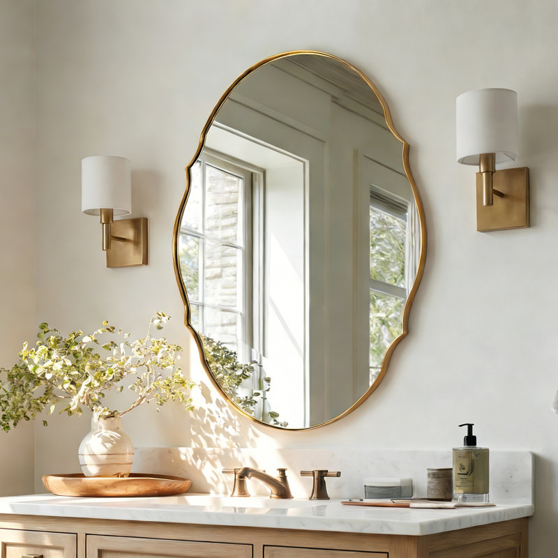Contemporary Oval Scalloped Wall Mirror Irregular Bathroom Vanity Mirror | Stainless Steel Frame, Brushed Gold, 40" x 30"