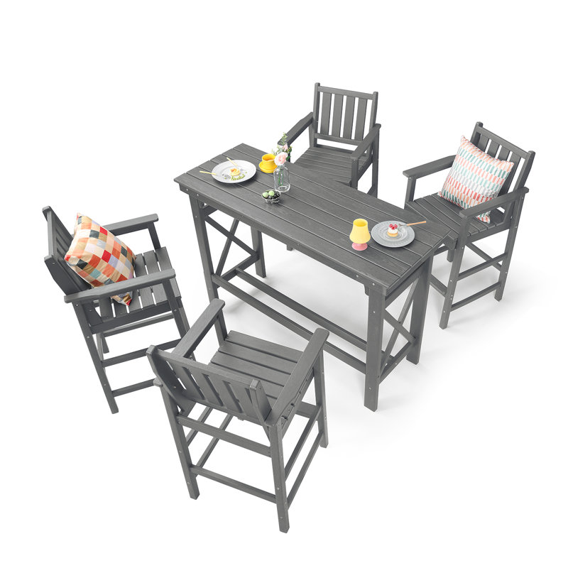 5-Piece HDPE Patio Bar Set, Rectangular Bar Height Table And 4 Adirondack Bar Chairs, All-Season Outdoor Bar Stools Set, Outdoor Bar Table And Chairs Set For Outside, Balcony, Deck