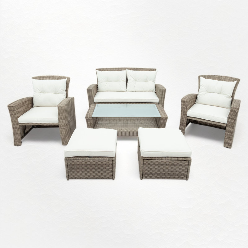 Ensemble de conversation en rotin avec coussins, Beige, 6 pièces: table, canapé, 2 chaises, 2 repose-pie