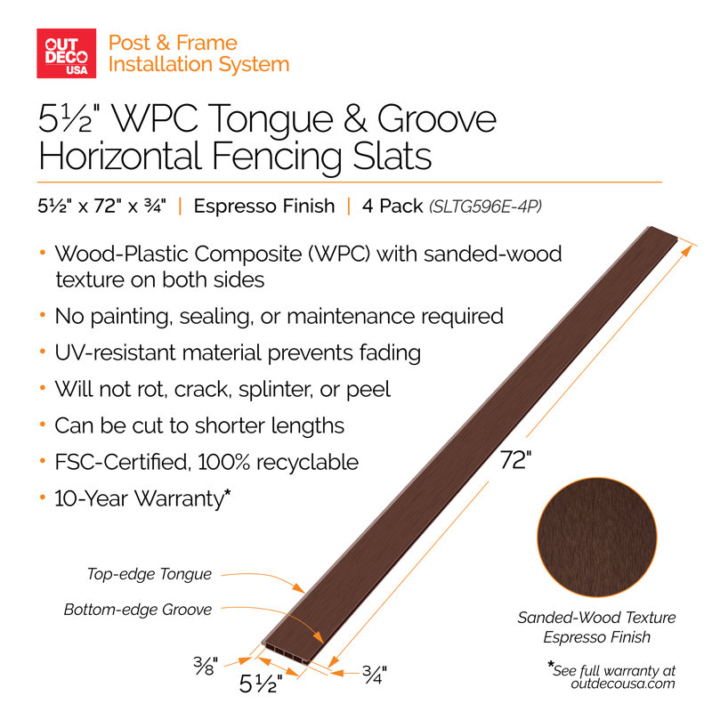 OUTDECO 5.5 in. x 72 in. x .75 in. Wood Plastic Composite Fence Board, Tongue and Groove Topper, Sanded Finish - Espresso