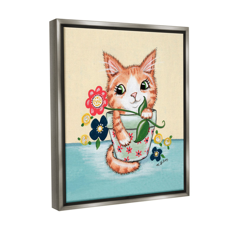 «Kitten In Flower Pot» par Michelle Gilsey sur toile, Cadre flottant gris lustré, H 21 po x l 17 po