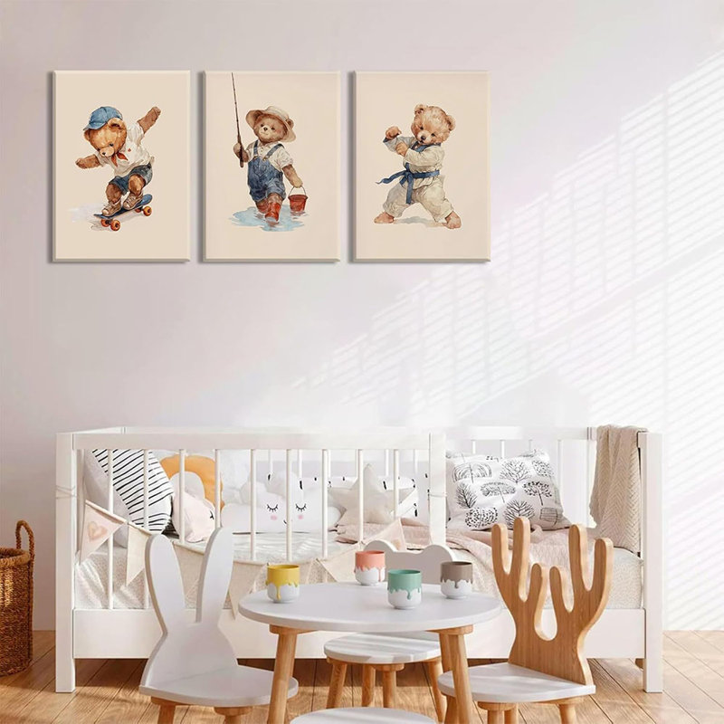 3 Pcs Nursery Teddy Bear Wall Art Kindergarten Skateboard Karate Sports Wall Decor Poster Print Cute Funny Animal Painting Pictures For Kids Bedroom Room