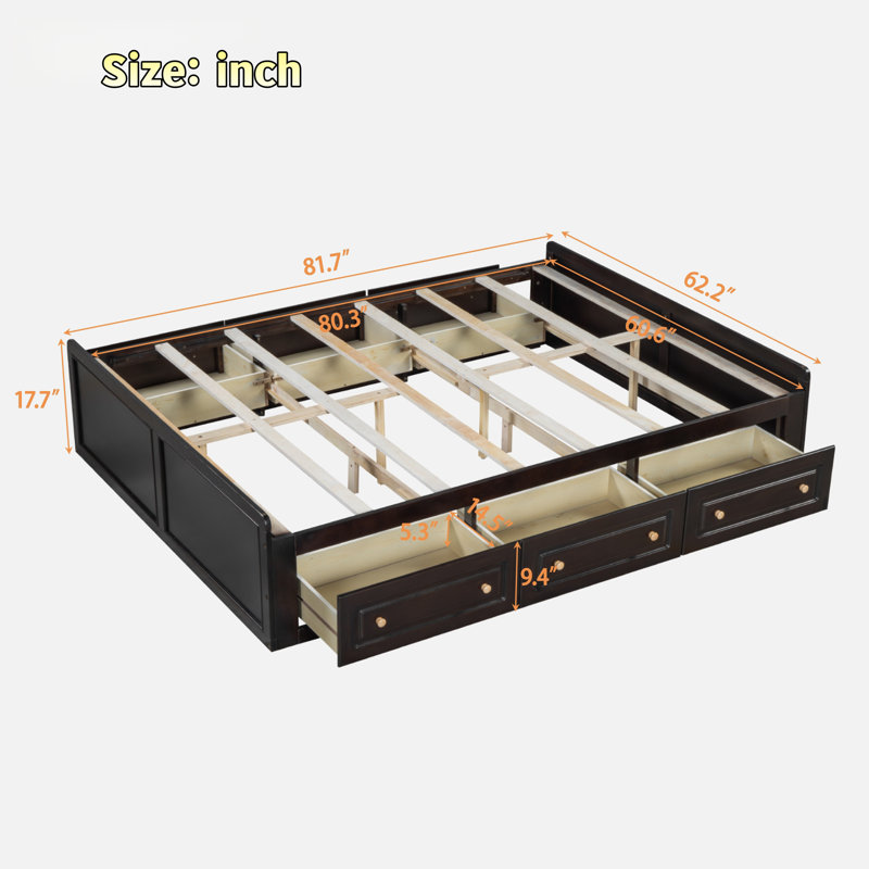Lit plateforme en bois avec 6 tiroirs, sans tête de lit, Espresso