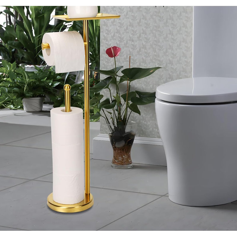 Porte-papier hygiénique sur pied avec tablette de rangement, base en acier inoxydable robuste pouvant contenir 4 rouleaux supplémentaires, pour le décor de la salle de bain