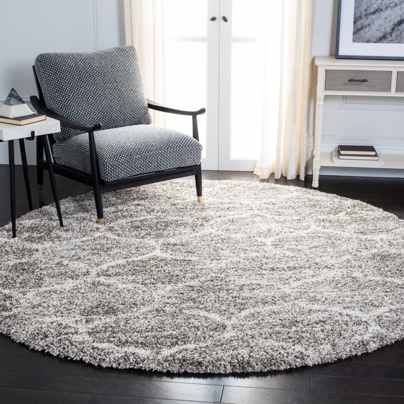 Tapis géométrique gris / ivoire, Rond 7 pi