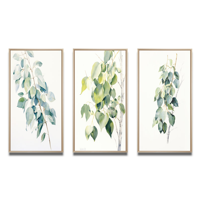 «Green White Minimalisme Eucalyptus Essence II», 3 pièces sur toile, Cadre naturel flottant, H 40 po x l 60 po