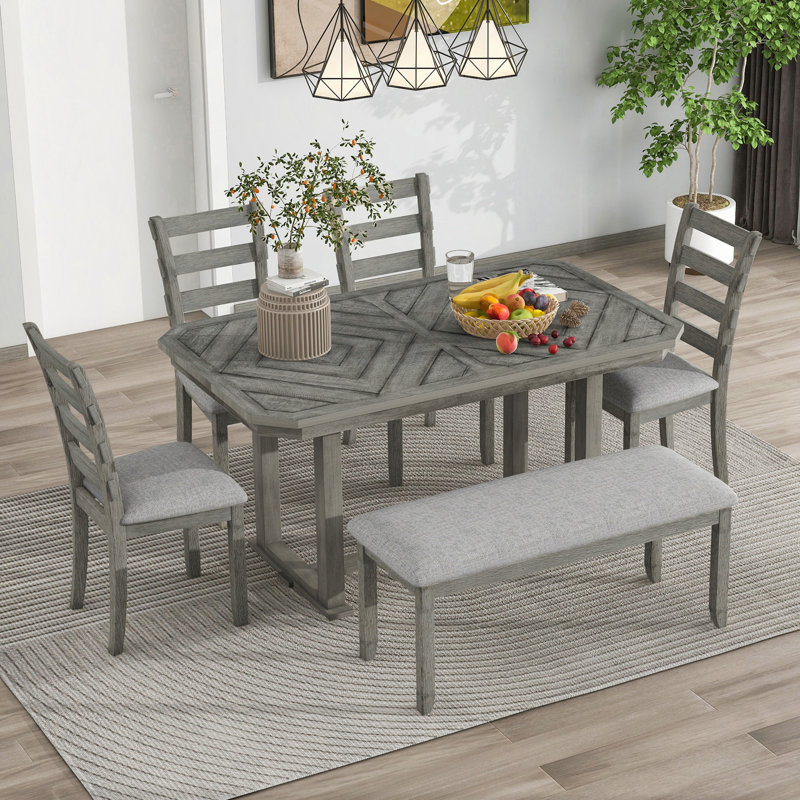 Ensemble de table de salle à manger en bois d'hévéa 6 pièces avec placage en bois massif et coussin moelleux (brosse métallique)