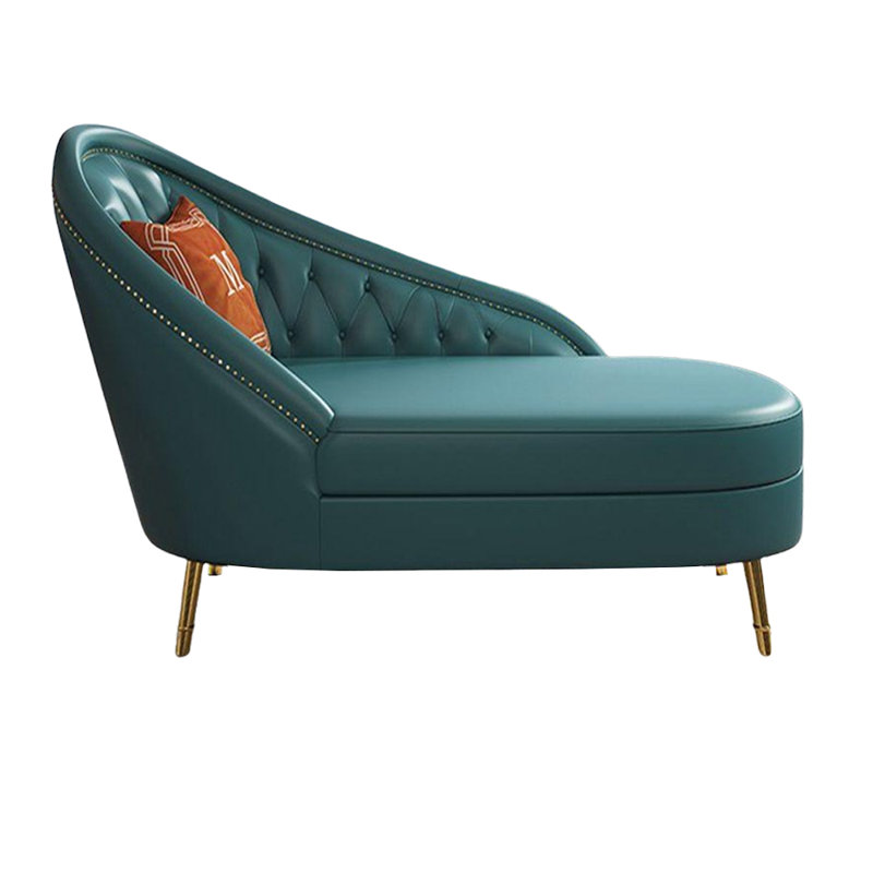 Chaise longue inclinable rembourrée en cuir massif et structure en bois massif, Bleu, Accoudoir à droite (vu de face)