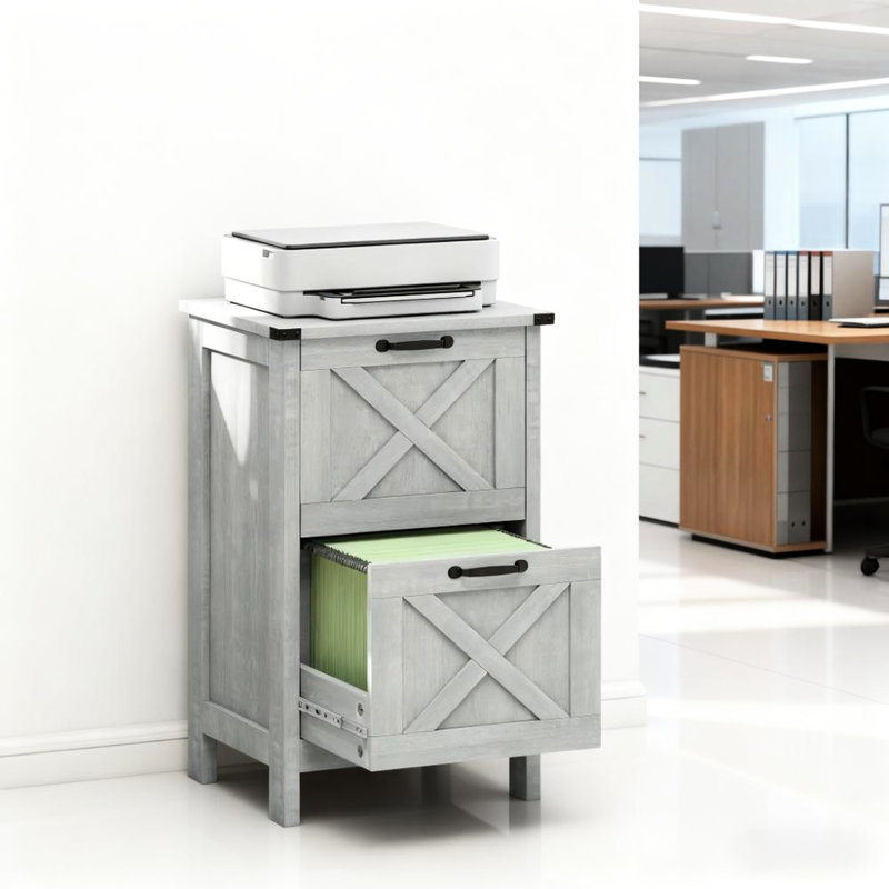 Armoire de bureau avec deux tiroirs pour documents de format A4 et lettre, aspect gris vieilli, porte de grange, glissières de tiroir lisses, dispositif de basculement, classeur à placage réglable