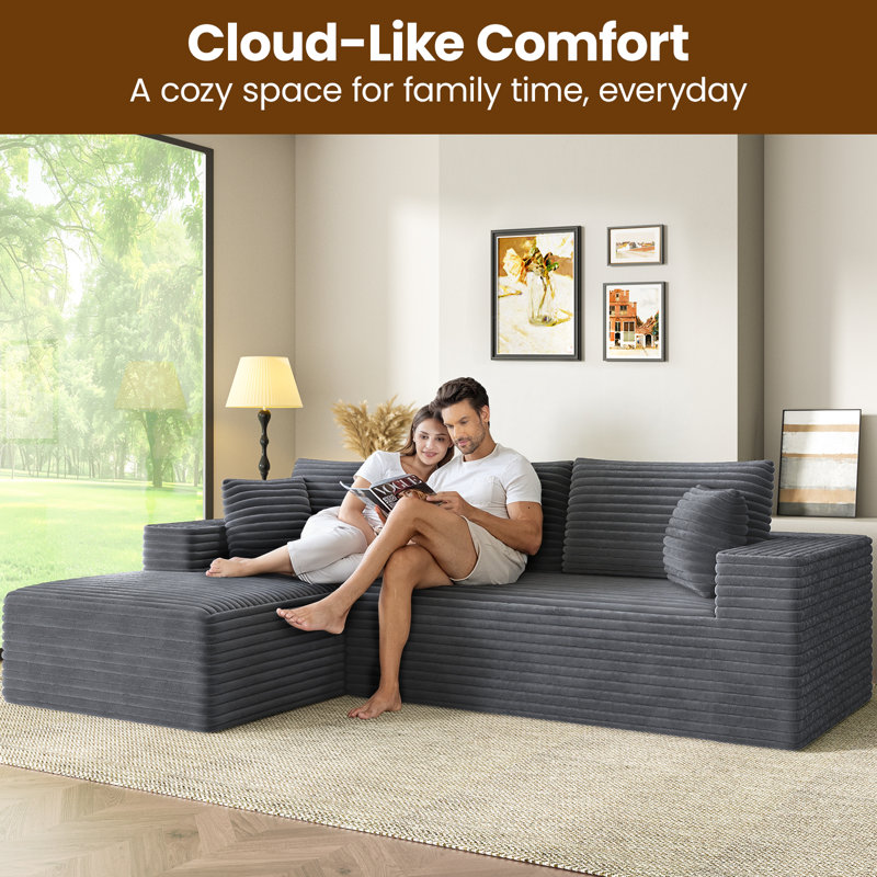 Canapé modulaire en velours côtelé à assise profonde Boneless l 106 po, aucun assemblage requis, Velours côtelé gris