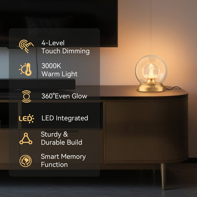 CORE 6.4"H Gold LED Table Lamp – Dual-Layers Globe Glass Shade, 4 Levels Touch Dimmable with Memory, Vintage Plug-in Small Bedside Lamp for Bedroom, Bookshelf, Home Corner