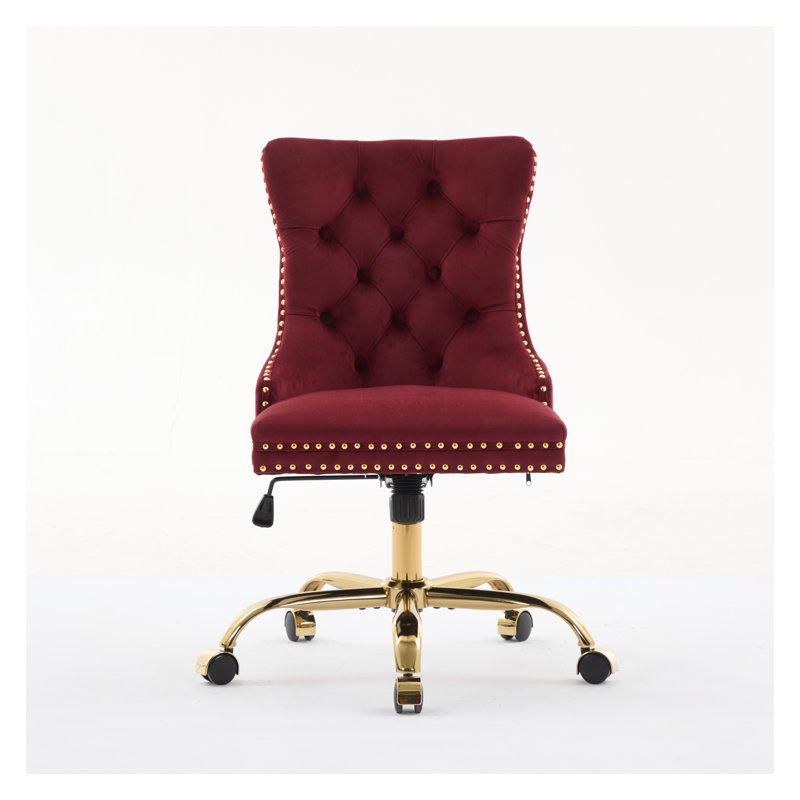 A&A Furniture Modern Velvet Tufted Office Chair, Wine Red Upholstered Home Office Chair with Golden Metal Base, Adjustable Swivel Desk Chair