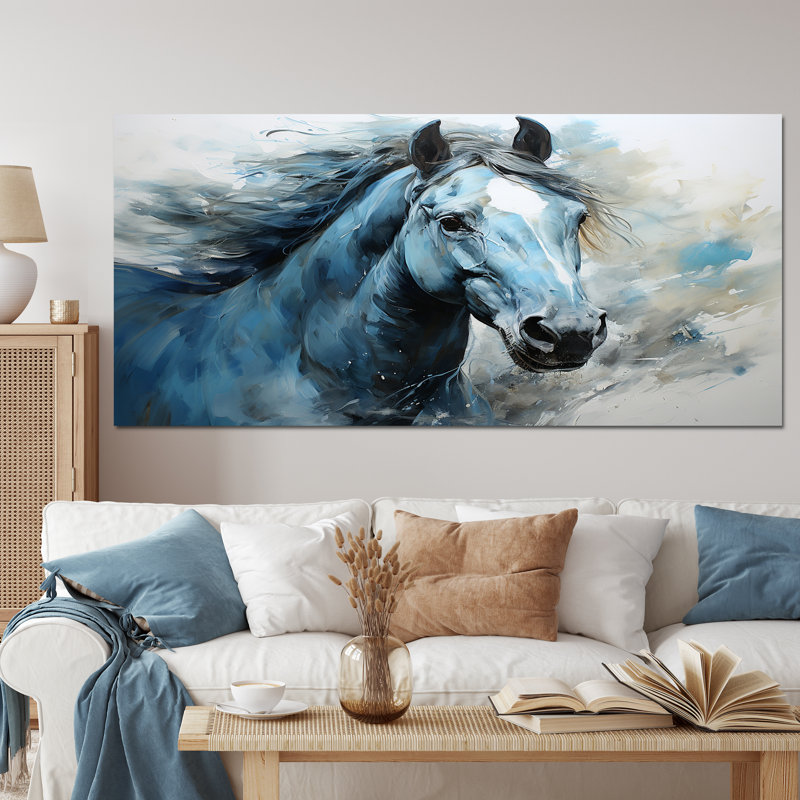 «Blue Horse Vibrant Blue Equine I», art mural grand cheval, H 34 po x l 44 po x P 1,5 po, Cadre flottant érable