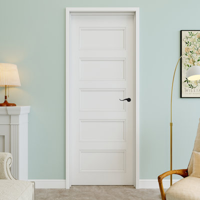 28" x 80" 5-Panel Molded Solid Interior Prehung Door with Curve Lever and Silver Hinges, Solid Core Door Slab, Paintable & Waterproof, Suit for Laundry, Closet Doors, Room Doors, Left Hand