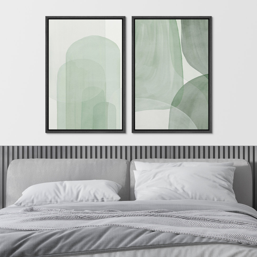 Pastel Watercolor Green Abstract Minimalist Decor - Framed Canvas Bedroom Wall Art Work Set 2 Print wall26 Frame 