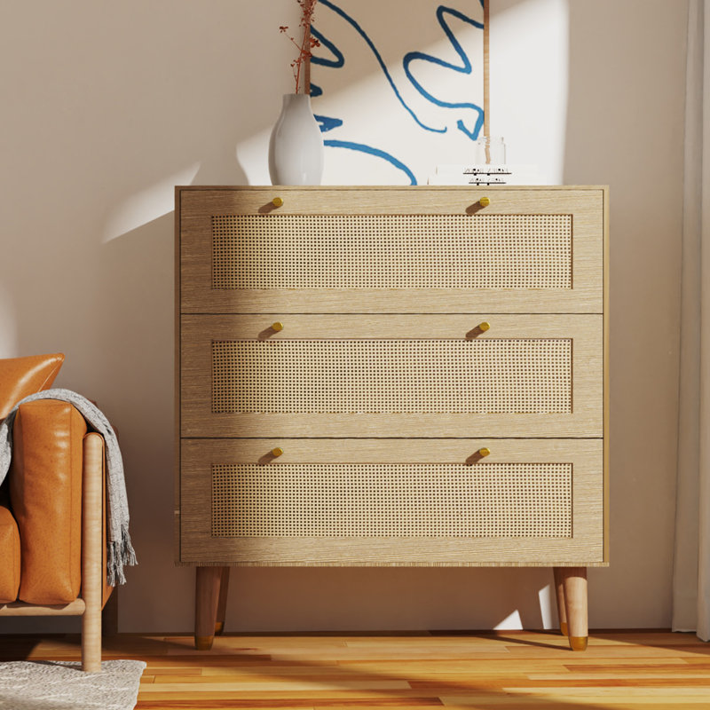 Commode 3 tiroirs pour la chambre à coucher, commode en bois massif de commode en rotin, rangement spacieux avec poignées en métal, pour le couloir de la chambre à coucher, Oaken