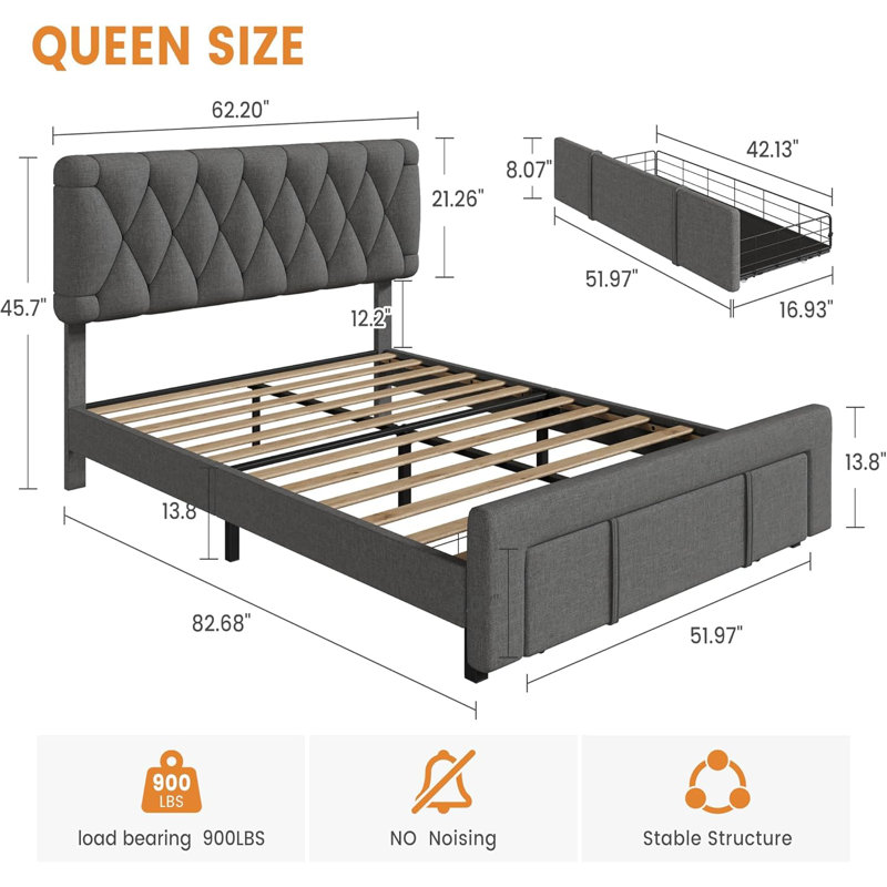 Queen Upholstered Bed – Grey, Solid Wood Support, Queen