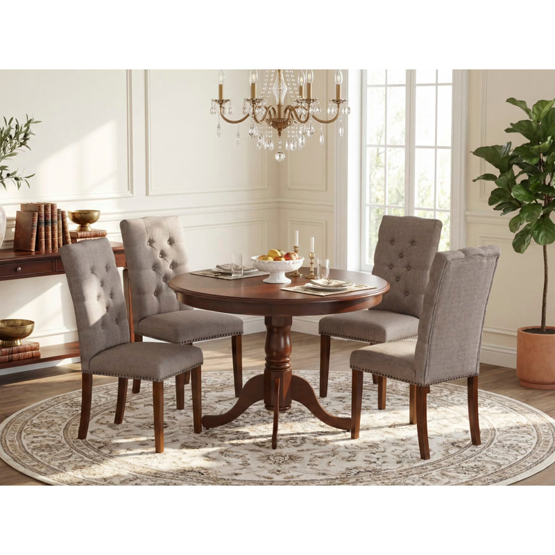 L'ensemble de table de cuisine 5 pièces pour 4 personnes comprend une table de salle à manger ronde avec piédestal et 4 chaises de salle à manger Parson en tissu kaki foncé, 42 x 42 pouces, acajou