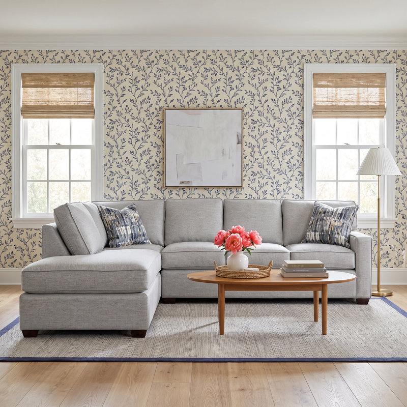 Canapé modulaire deux pièces Ellora, Blanc givré, Orienté vers la gauche, Rayures bleu cobalt 0204-64