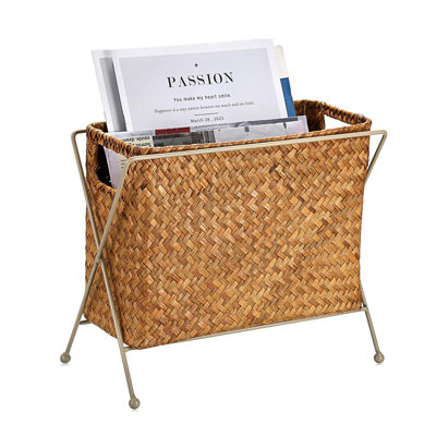 Handwoven Magazine Holder Seagrass Basket With Metal Rack Mail Floor Organizer Office Living Room Dorm