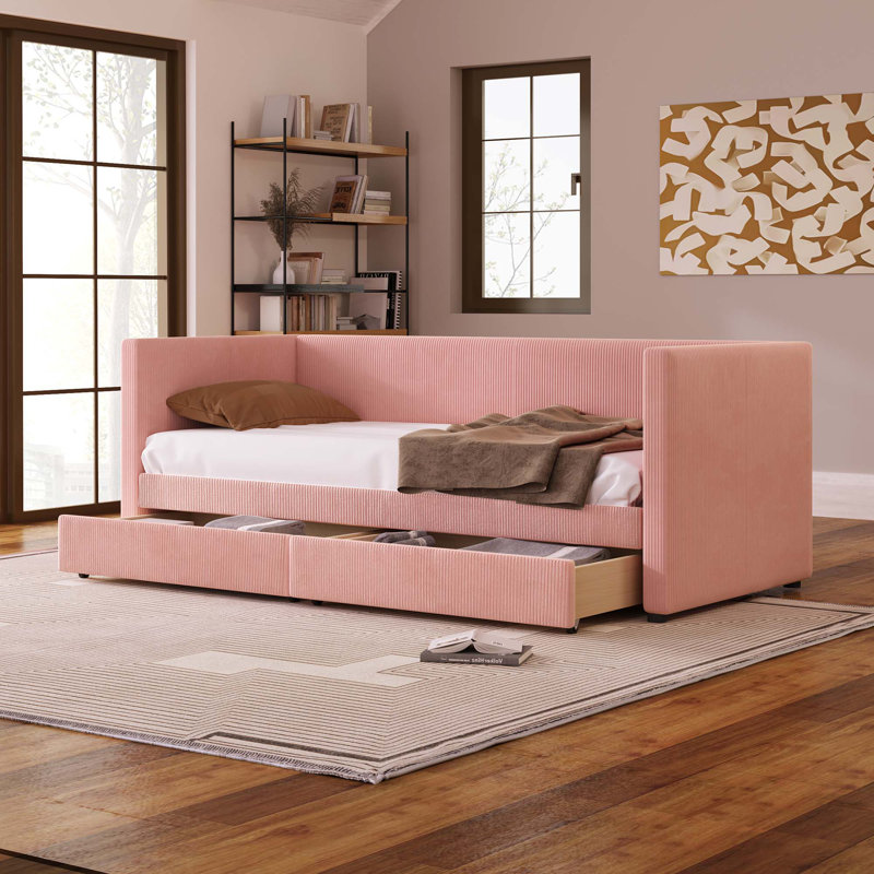 Twin Size Corduroy Daybed With Two Drawers And Wood Slat, Pink