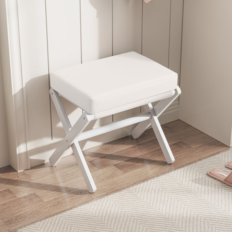 Rud Foldable Foot Stool with Soft Cushion and X Bamboo Legs, Thickened Foam Cushion Stool, White