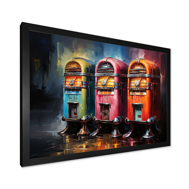 Coloful Modern Jukebox Jams 2 - Jukeboxes, art mural, Cadre d'angle fermé noir, H 24 po x l 32 po x P 1 po