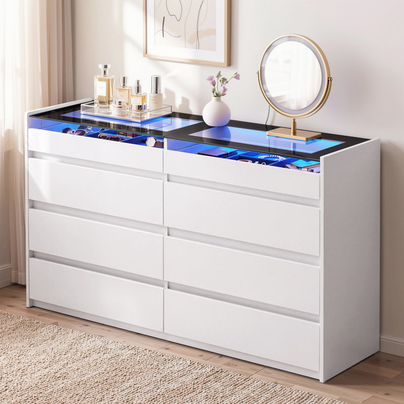 White 8 Drawer Dresser with LED Lights, Glass Top Bedroom Storage Dresser, White