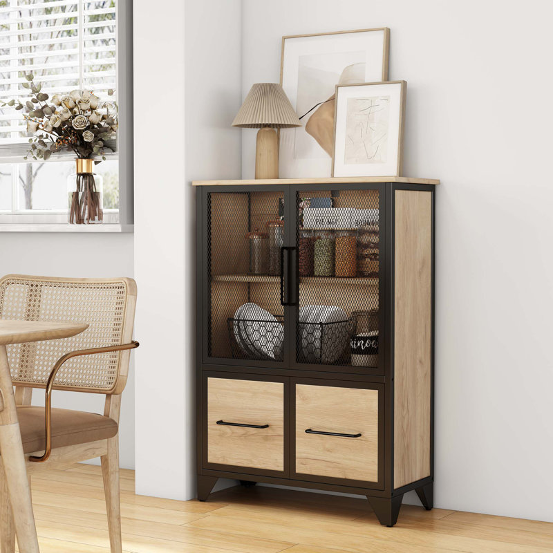 Armoire de rangement avec 4 portes en fer et tablette réglable, Noir; naturel