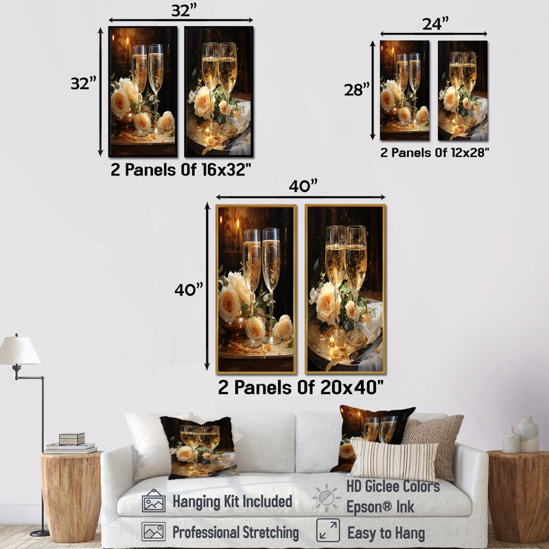 Sparkling Celebration - Ensemble d'art mural sur toile vin et champagne, Cadre blanc, H 32 po x l 33 po