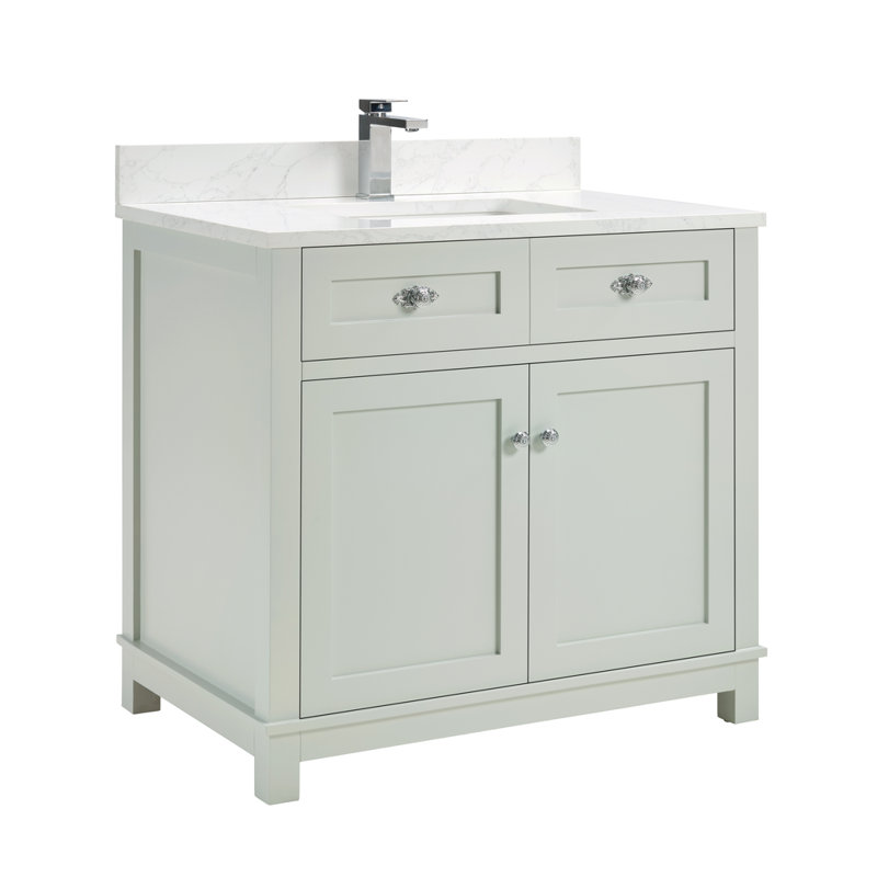 Meuble-lavabo en bois massif 36 po avec comptoir en marbre d'ingénierie 1 po, lavabo simple, Brin argenté, Chrome poli