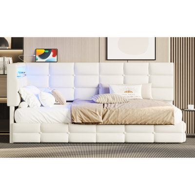 Twin Size Upholstered Daybed With 2 Drawers, Charging Station, Led Lights, And Storage Headboard - Beige, Modern Design For Bedroom Beige Adjustable Lights