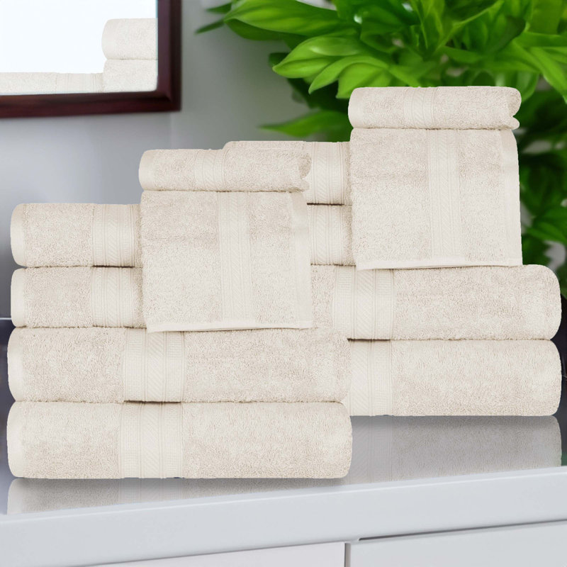 Atlas Cotton Plush Soft Highly-Absorbent Heavyweight Luxury 12 Piece Assorted Towel Set, Almond