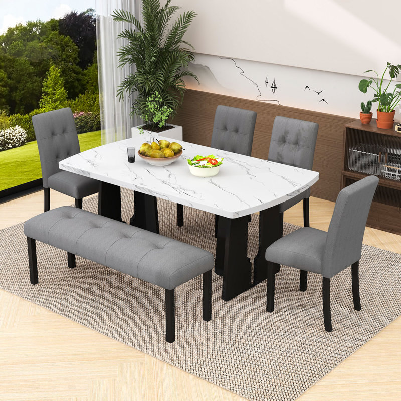 Ensemble de table de salle à manger 6 pièces avec table en faux marbre, 4 chaises rembourrées et banc, Gris, Blanc