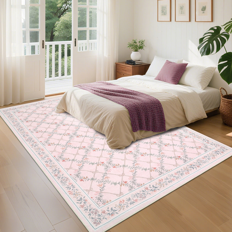 Modern Machine Washable Area Rugs Diamond Floor Mats with Non-Slip Backing, Non-Shedding Floral Print Accent Rug, Foldable Soft Low Pile Indoor Carpet