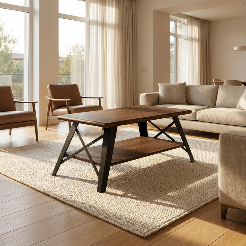 Sutton Trestle Industrial Walnut Pine Wood Coffee Table