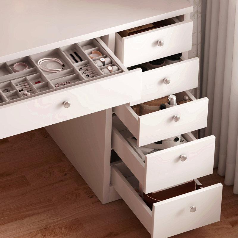 Bureau de meuble-lavabo avec miroir lumineux à DEL, coiffeuse de maquillage avec 11 tiroirs, 3 modes d'éclairage couleur réglables en luminosité, câblage caché, coiffeuse pour chambre à coucher, blanc