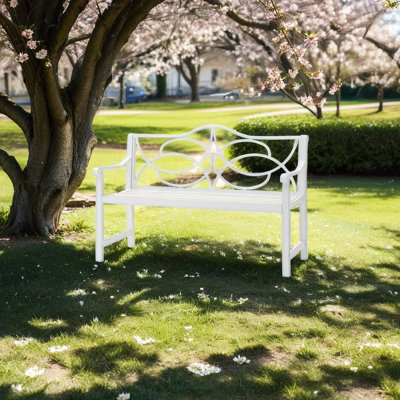 White Patio Bench For Outdoor Use - Strong Metal Frame With & Armrest, Rustproof, , Accommodates 2-3 People, Simple Install Garden In And Rust-, Protected, Easy To