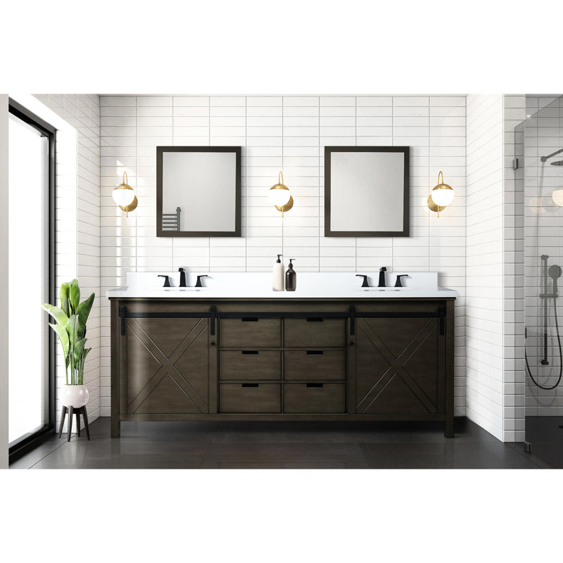 84 po W Double meuble-lavabo brun rustique avec comptoir en marbre, structure en bois massif, fermeture en douceur et six tiroirs pour un superbe rangement large avec cadre de culture, option d'armoire à fermeture
