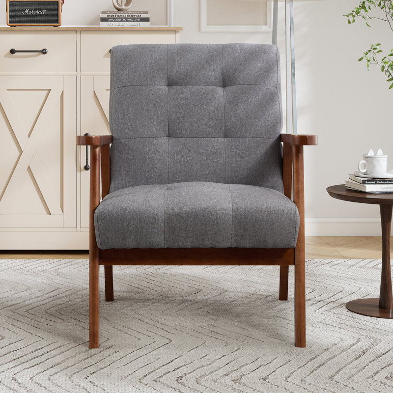 Solid Wood Accent Chair with Tufted Seat, Mid-Century Armchair with Curved Armrests, Cosy Reading Ch, Grey
