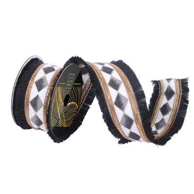 2.5" x 10yd Fringe Wired Ribbon with Black and White Dupion Antiqued Diamond Checkered Center with Gold Outline and Trim. Matching reverse side.