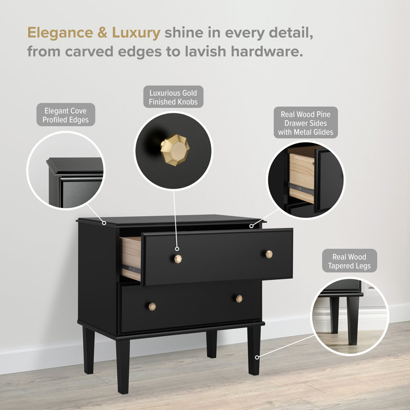 Lux Black 2 Drawer Nightstand with Gold Accents
