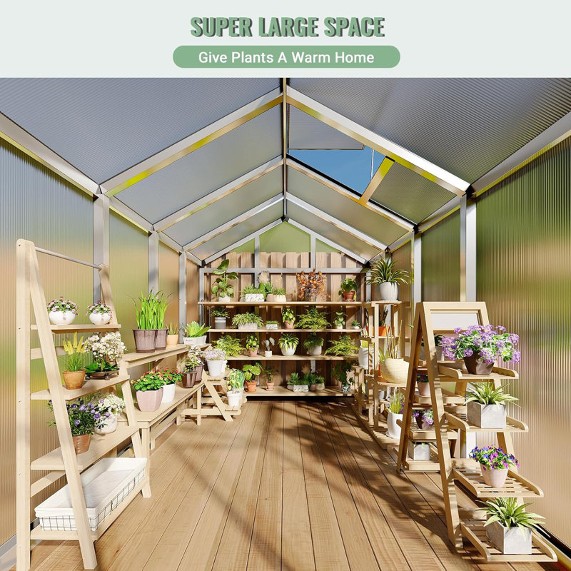Greenhouse With Upgraded Door Handles, Easy Assembly Aluminum Polycarbonate Greenhouses for Outdoors with Roof Vent and Ground Nails, Heavy Duty Aluminum Walk-in Greenhouse for Backyard, Sliding Lockable Door
