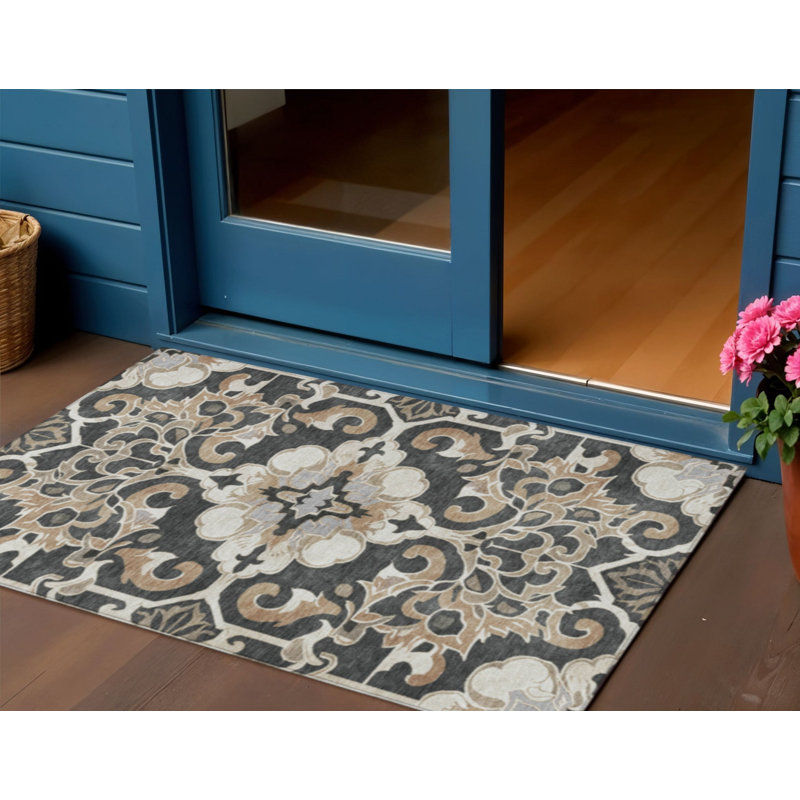 3' X 5' Charcoal And Taupe Damask Washable Indoor Outdoor Area Rug