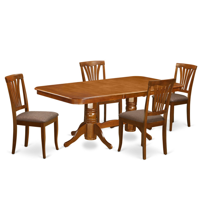 5 Piece Dining Set Includes a Rectangle Dining Room Table with Butterfly Leaf and 4 Linen Fabric Upholstered Chairs, Saddle Brown