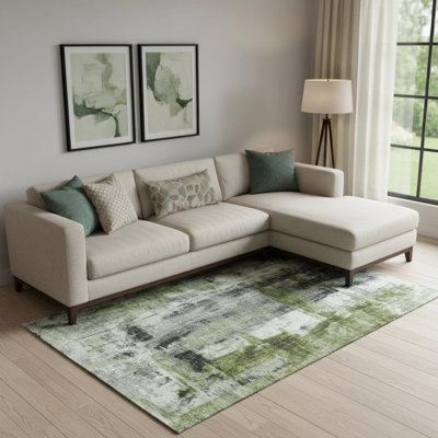 Tapis lavable abstrait gris anthracite et ivoire 8 pi x 10 pi avec protection UV