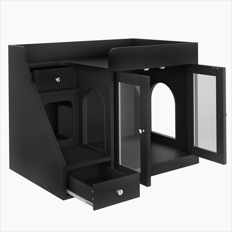 Enceinte de litière pour chat avec lumière, meuble de litière caché avec 2 tiroirs de rangement, table d'appoint intérieure pour chat, noir